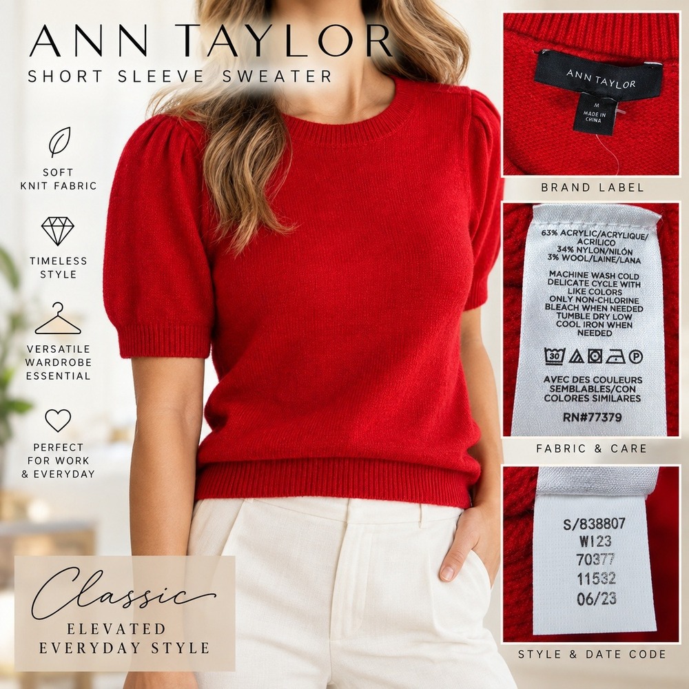 NEW Ann Taylor Puff Sleeve Women M Red Nylon Wool S/S Crew Neck Sweater 838807